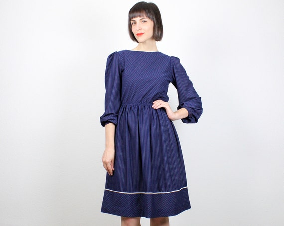 Vintage Navy Blue Dress Midi Dress Burgundy Pin Striped