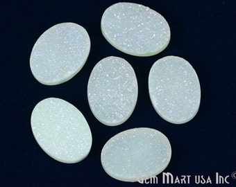 White Druzy Loose Cabochon, Titanium Coated Oval Shape Cabochon, 13x18mm Oval Excellent Quality 1pc (WZ-80017)