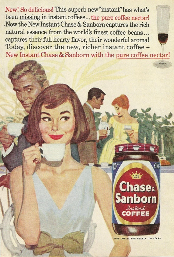 Chase & Sanborn Instant Coffee Original 1961 Vintage Print Ad w/ Color Illustration Young Couples Enjoying Cups of Coffee at a Garden Party