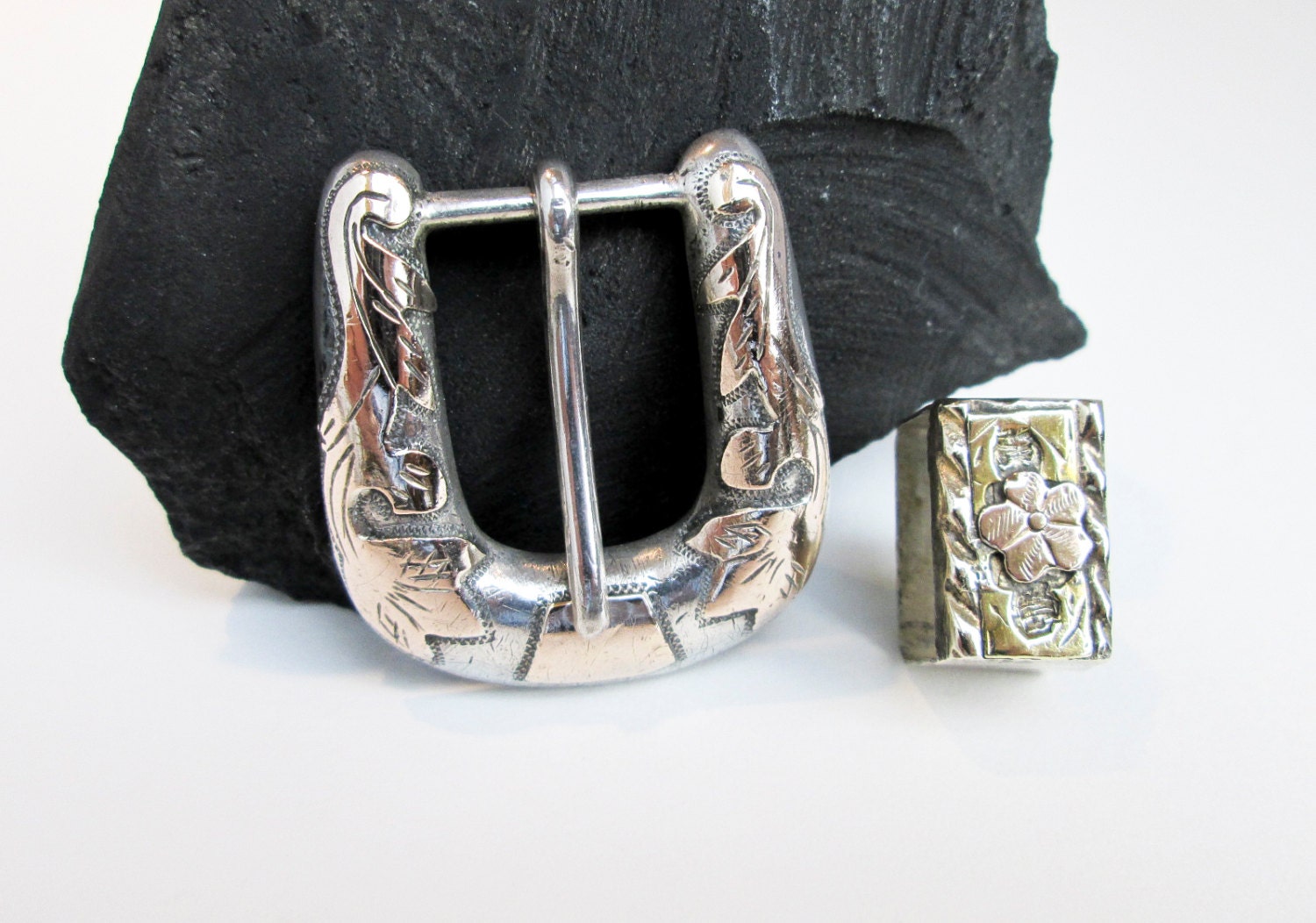 1930s Art Deco Belt Buckle & Keeper Sterling w.10K Rose Gold