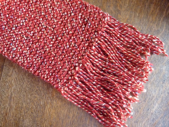 Knit Scarf - Red with Flecks of Blue, Pink and Beige, Fringed Ends