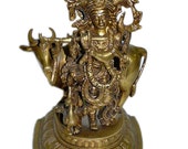 Vintage Brass Fluting Krishna Statue with Nandi Cow Antique Handamde Hindu Religious Sculpture