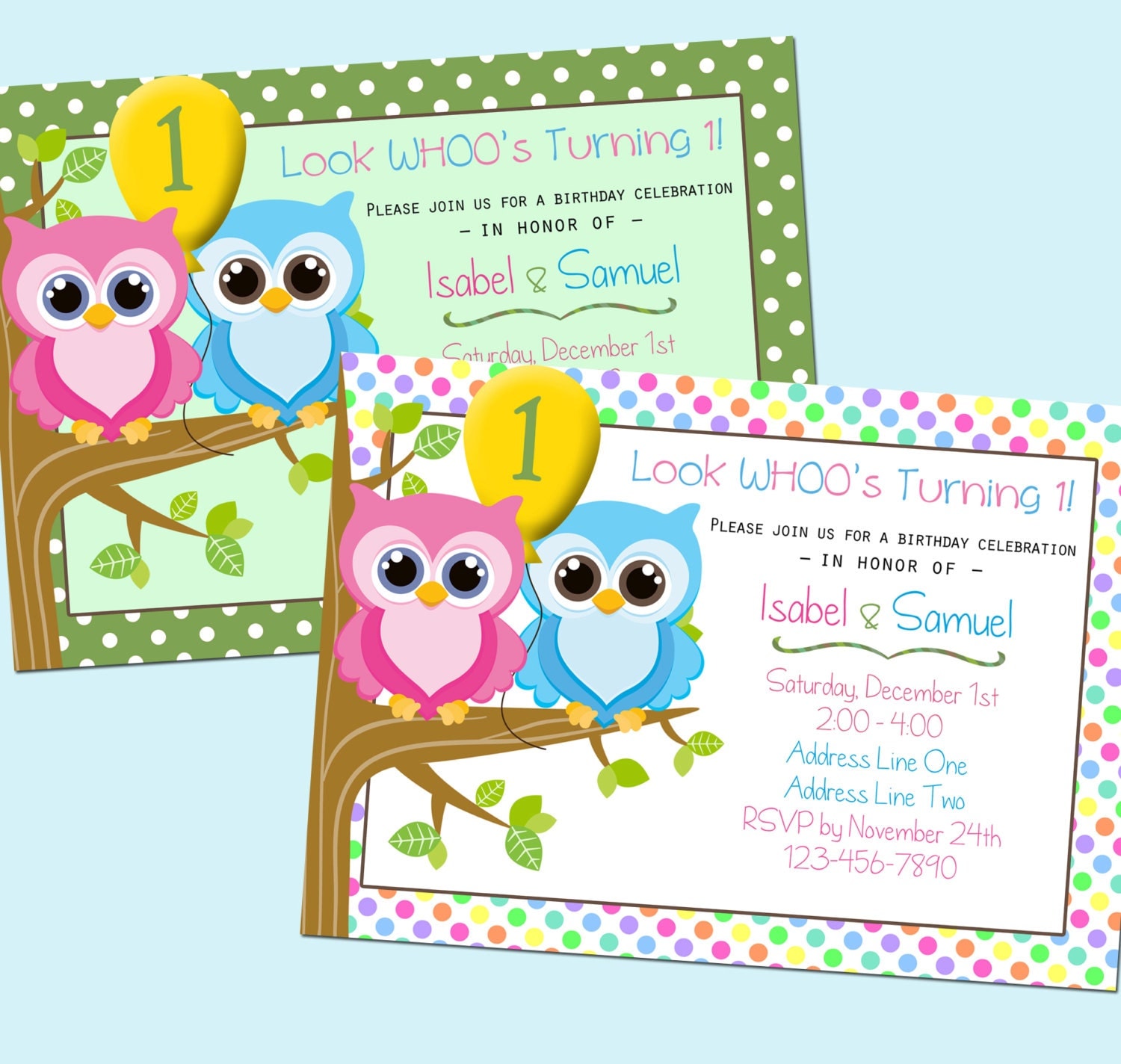 boy/girl owl twins birthday invitation two versions