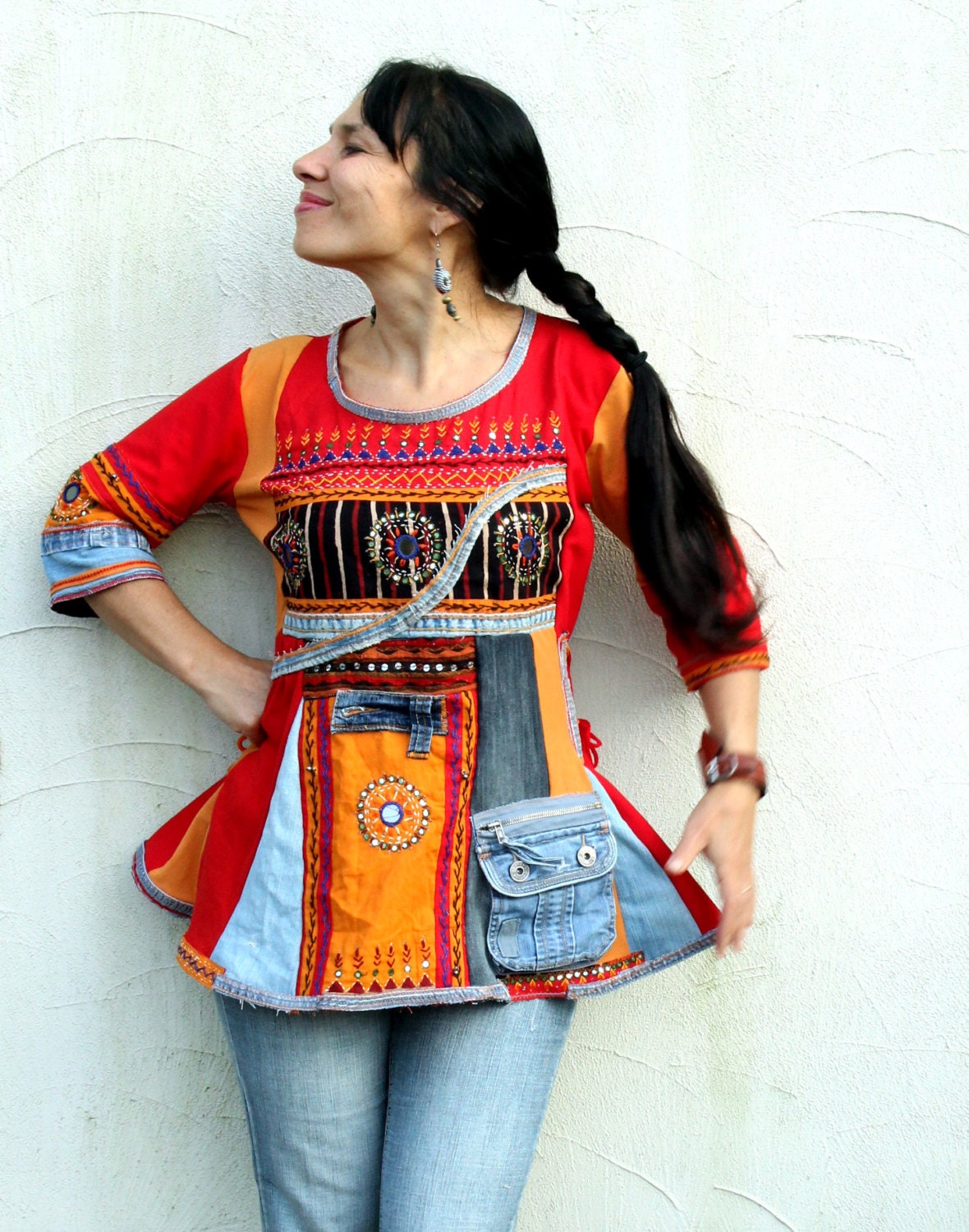 S-M banjara denim recycled dress tunic India sari hippie boho