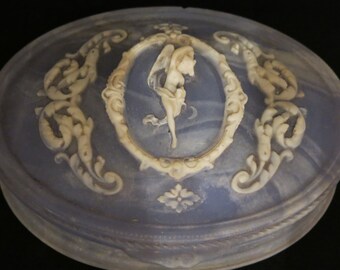 Vintage Blue White Angel Floral Design Incolay Stone Oval Jewelry Box 2" tall 6.75" wide 5.25" deep.