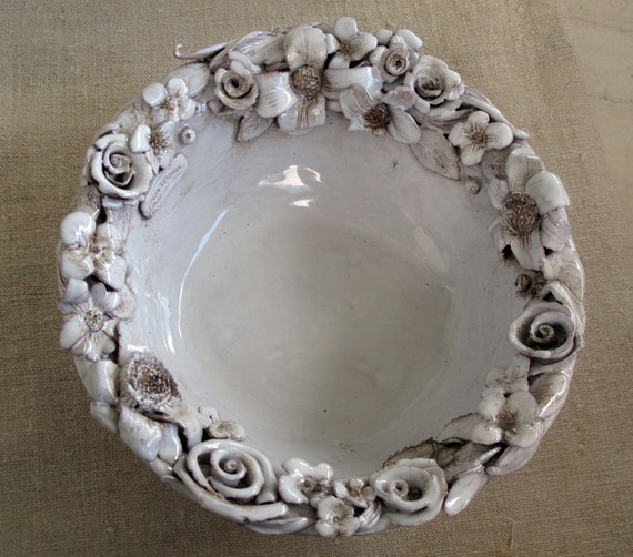 Decorative ceramic bowl white flowers