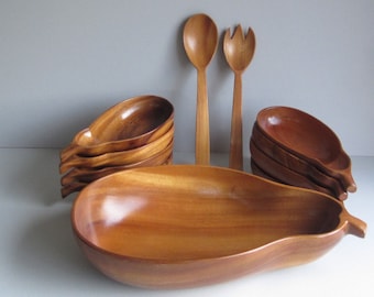 Teak Wood Pear Shaped Salad Bowl, Side Bowls and Salad Tossers