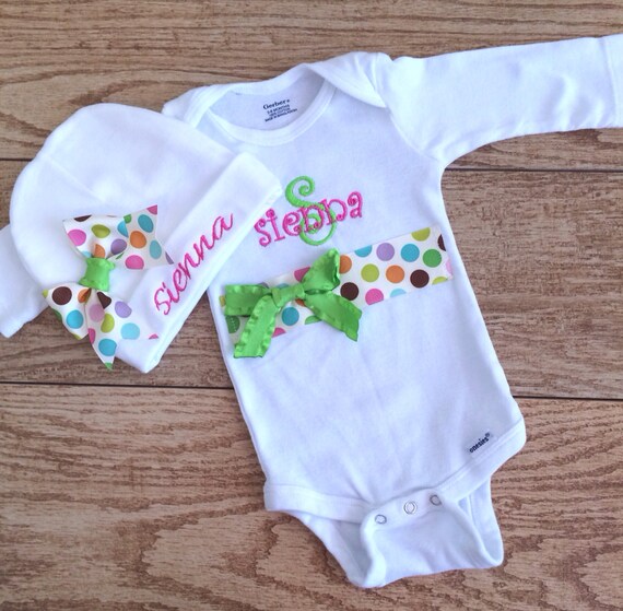 Polka dot baby girl personalized onesie set by kennedysrose