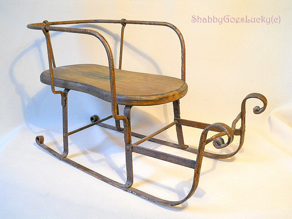 Antique German iron sled sleigh with wooden seat 19th century