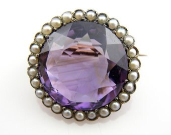 Antique Victorian Amethyst Glass and Seed Pearl Brooch in Sterling Silver 8FPZ24-P