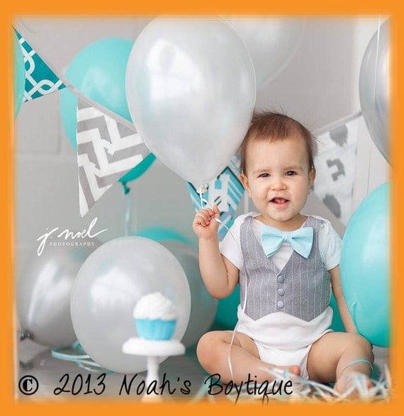 Cake Smash Outfit Baby Boy Aqua and Grey Spring Wedding