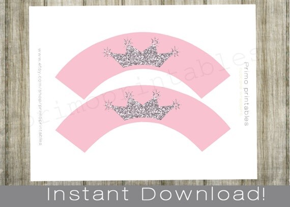 Princess Party printable cupcake wrappers INSTANT DOWNLOAD ,Pink with silver crown, party decor printables DIY cup cake wraps Il_570xn