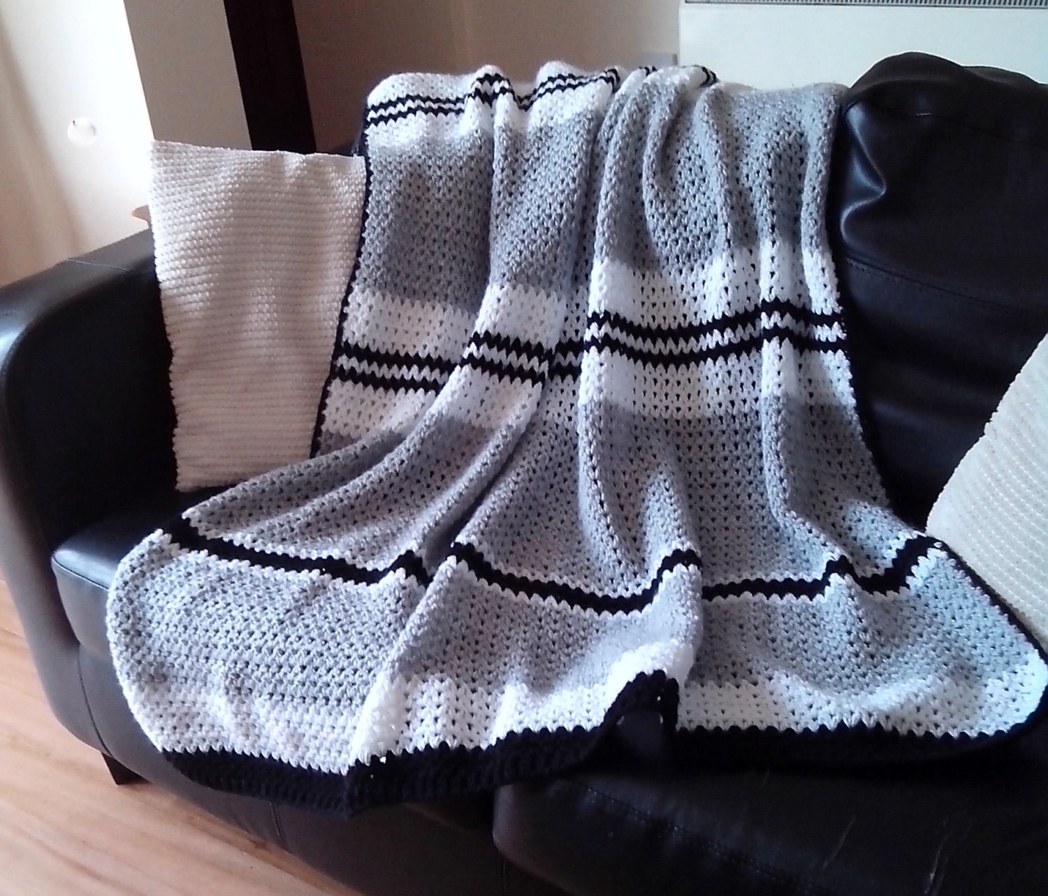 Crochet blanket in grey black and white by JensCrochetandCrafts