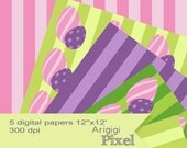 ON SALE 50 % OFF Striped digital paper with Easter eggs wider stripes shades of green purple and pink, Easter scrapbooking digital paper dow Il_170x135