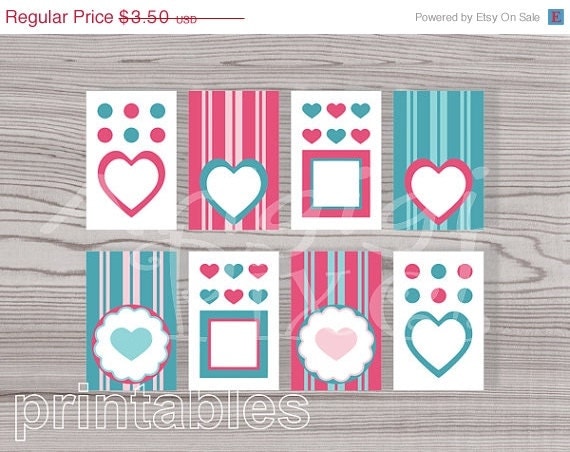 WEEKEND SALE 50% OFF 8 gift tags, hearts, dots, stripes, pink and turquoise, valentine, holiday, instant download Png Pdf file Il_570xn
