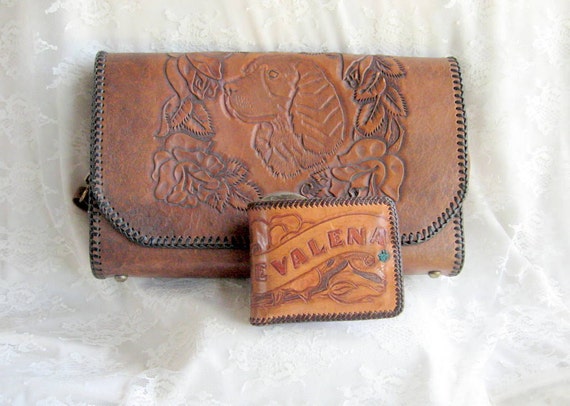 Hand Tooled Leather Purse Dog Theme Matching by AntiquesduJour