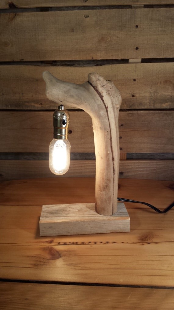 Items similar to Driftwood Desk Lamp With Hanging Vintage Bulb on Etsy