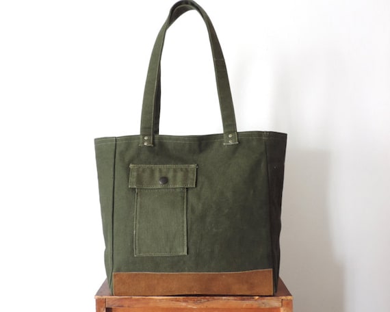 Military Canvas Tote Bag Recycled Leather SALE