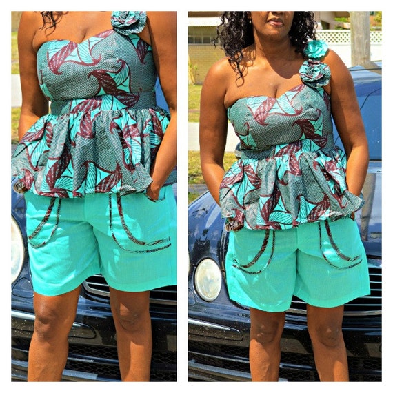 Sage And Black African Ankara One Shoulder Shorts Set African