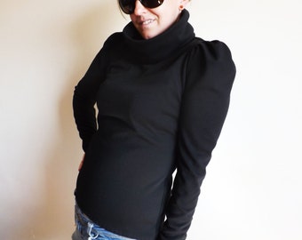 women long sleeve blouse, women blouse, black blouse, steampunk clothing, women clothing, turtleneck blouse, puff sleeves blouse