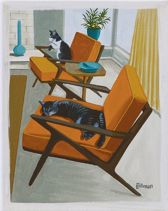 cut paper danish art Cats from Edition Print Painting Danish Chairs Retro Original Limited