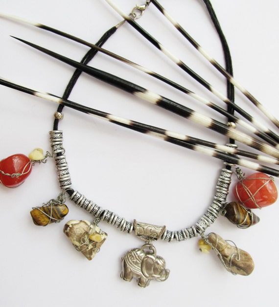 African healing semi precious stones necklace. Jasper, Tiger's Eye. Carnelian, silver plated elephant  charm