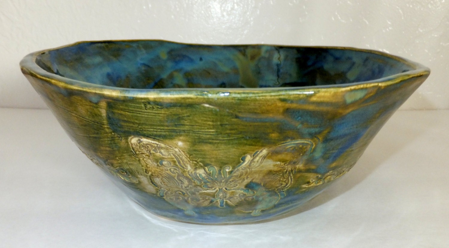 Large Blue Green Salad Bowl Rustic Ceramic by WildCrowFarmPottery