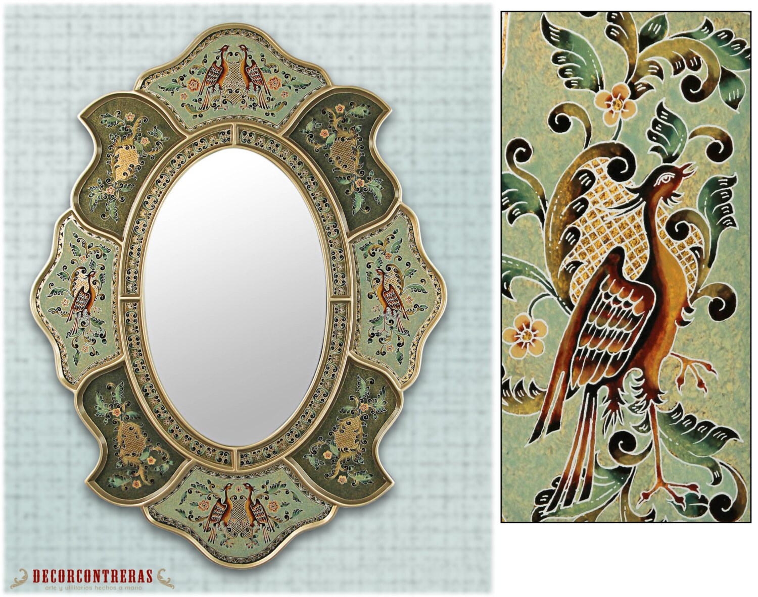 Handpainted Large Oval Mirror 'heavenly bird' by DECORCONTRERAS