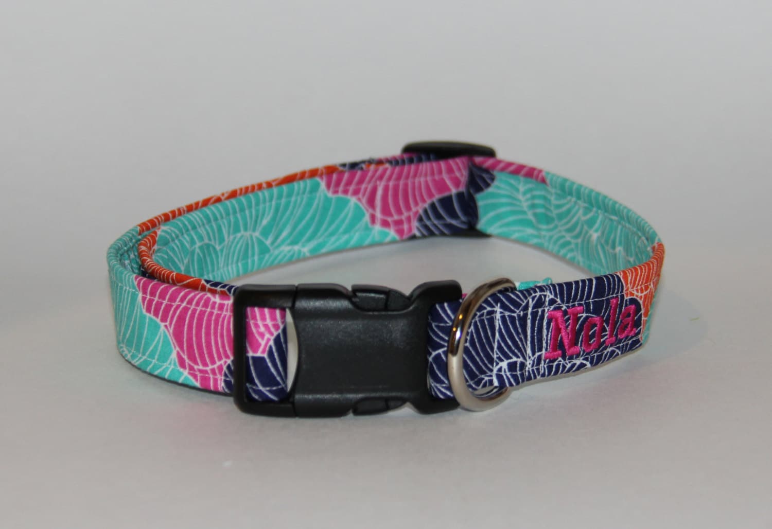 Embroidered Bright Peony Dog Collar Teal Pink by BeautifulMutts