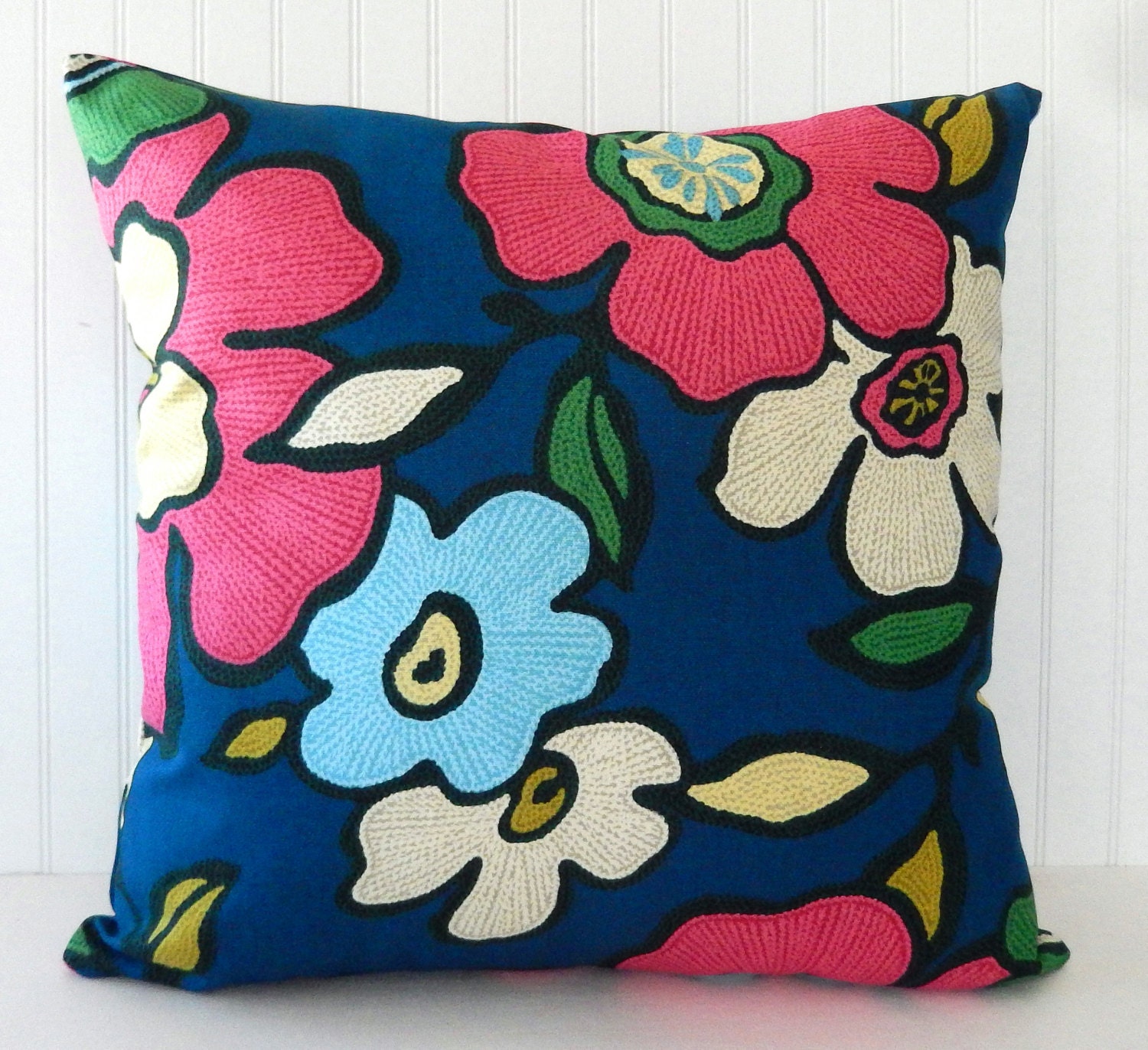 Blue Pink Floral Pillow Covers Blue Throw Pillow by Pookadellas