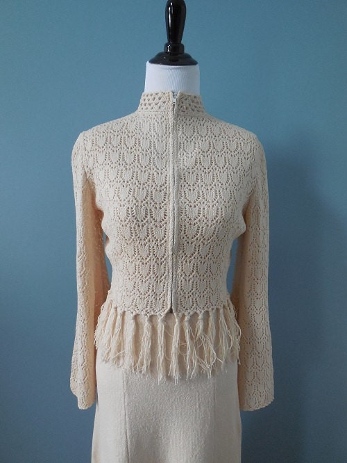 Vintage 70's long CROCHET MAXI Dress & JACKET fringed two