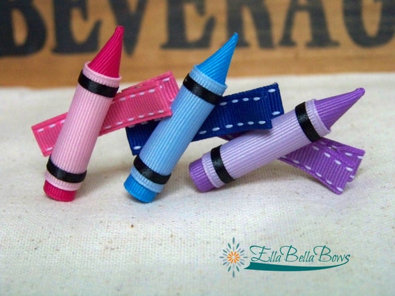 Handmade Back to School Supplies - Crayon Ribbon Sculpture Hair Clip, Back To School Hair Bow, Choose your color from Ella Bella Bows