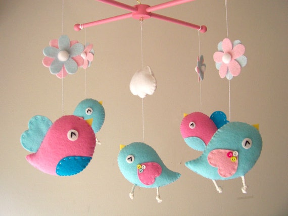 Baby crib mobile, Bird mobile, felt mobile, nursery mobile, baby mobile "Bird - Pink and Aqua"