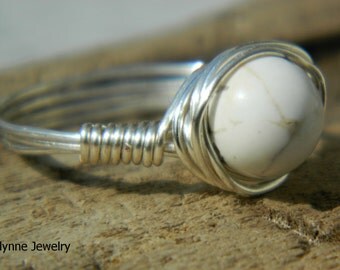 Silver and White Magnesite Wrapped-Wire Ring