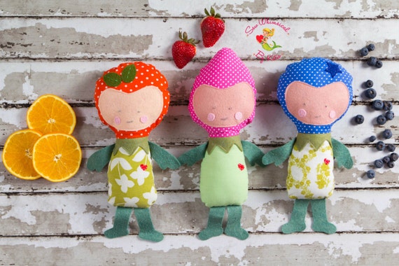 Set of 3 (three) Fruit People Dolls, Strawberry, Blueberry and Orange Doll, Polka Dot Fruit Softies,