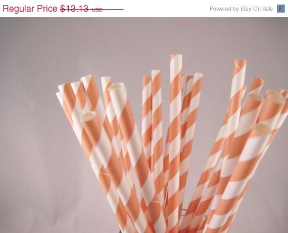ON SALE 100 Peach Stripe Straws - ships less than 24 hours Il_570xn
