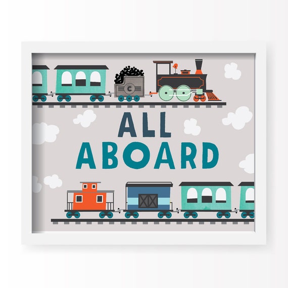 Train Nursery Decor Wall Art All Aboard Train Print 8x10