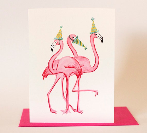 Birthday Greeting card Pink Flamingo by AmelieLegault on Etsy