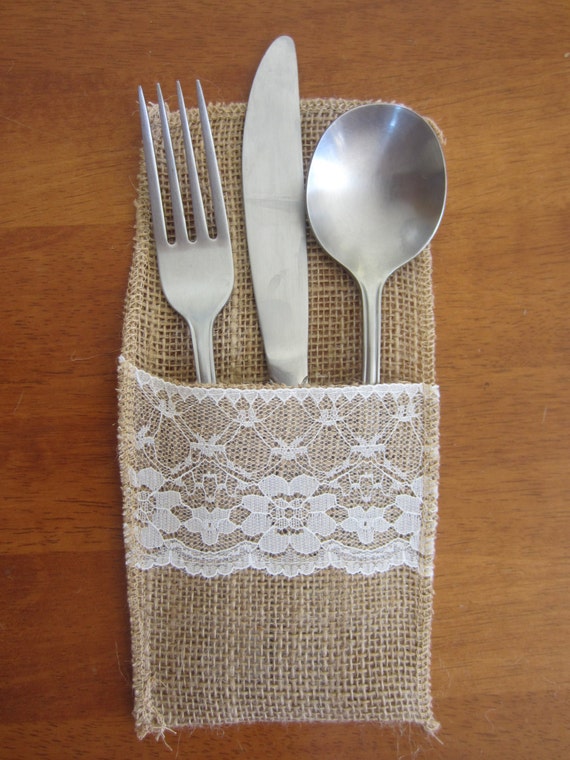 Hessian Burlap Lace Wedding Cutlery Holder by GemsWeddingSupplies