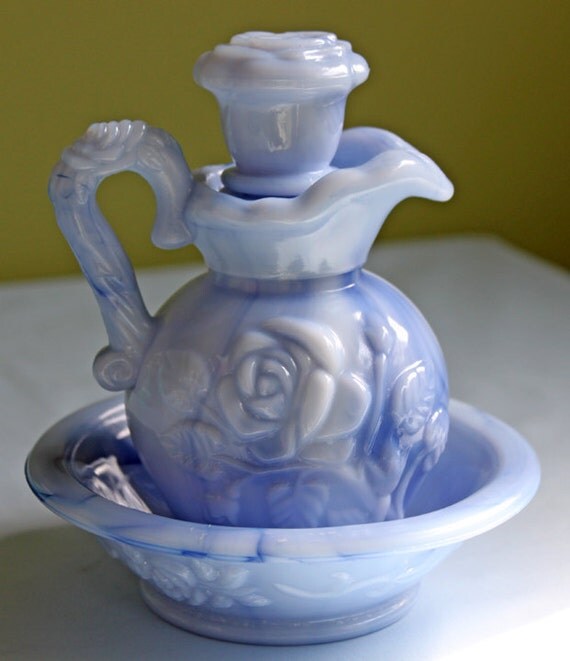 Milk Glass Pitcher with Stopper and Bowl. Avon Collectible