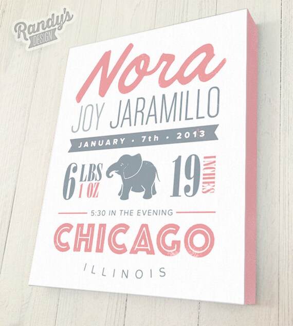 Personalized Birth Announcement, Custom Canvas Art with Baby Name and Elephant Animal, You pick colors and animal, Premium Canvas