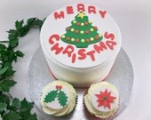 Christmas Party Package - One 6 Inch Christmas Fondant Cake Topper and 12 Christmas Cupcake Fondant Toppers, Holly Leaves, Poinsettia Il_170x135