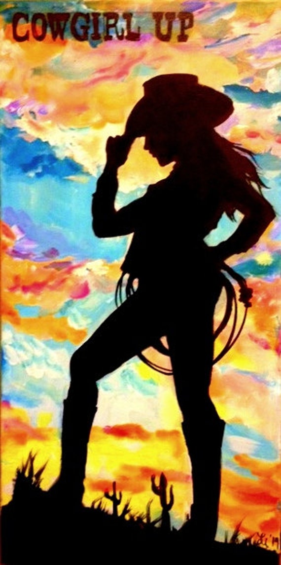 Cowgirl against colorful sunset with "Cowgirl Up" 12 x 24 in.