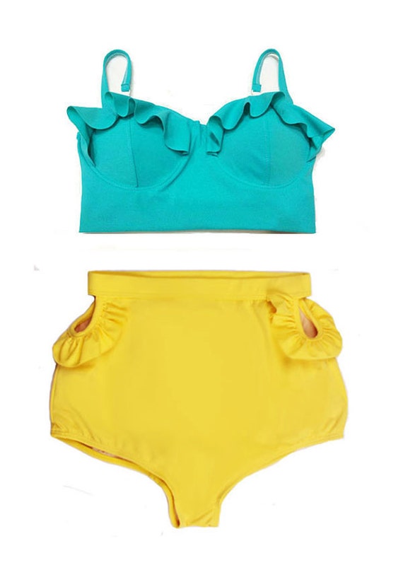 Mint Teal Midkini Top and Yellow Cut Out Cut-out High waisted Shorts ...