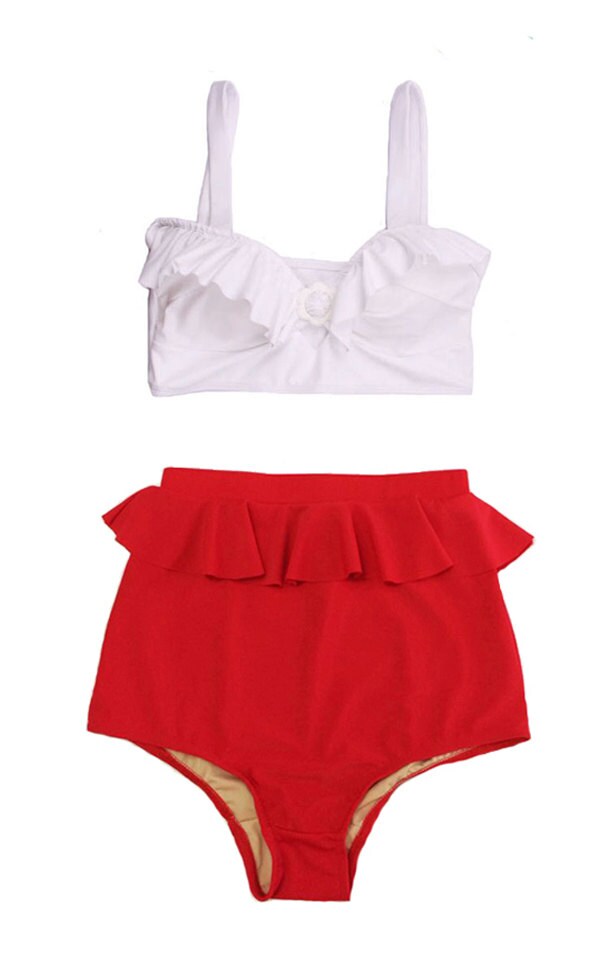 White Padded Top and Red Peplum High Waisted Waist Shorts