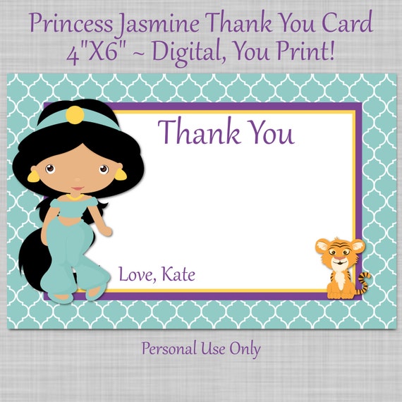 Printable Princess Jasmine Thank You Cards | items similar to princess jasmine notecard birthday Printable Princess Jasmine Thank You Cards | items similar to princess jasmine notecard birthday
