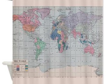 World Map Shower Curtain - kid's bathroom - fabric - Home Decor - Bathroom - travel, blue, pastel, historical vintage map redecorate