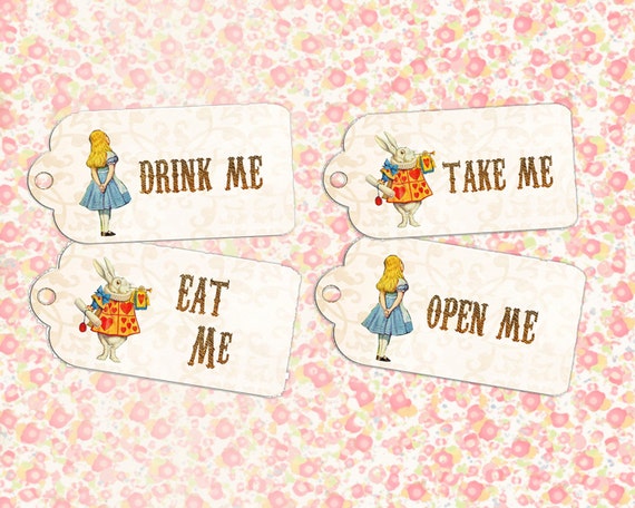 Alice in Wonderland eat me drink me tags 2 x4 Gift Hang