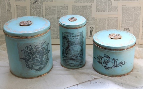 Blue Canister Set French Country Cottage Chic Shabby Chic Soft