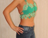 Pretty flower patterned two tone green bikini top. Hand made in 100% cotton.